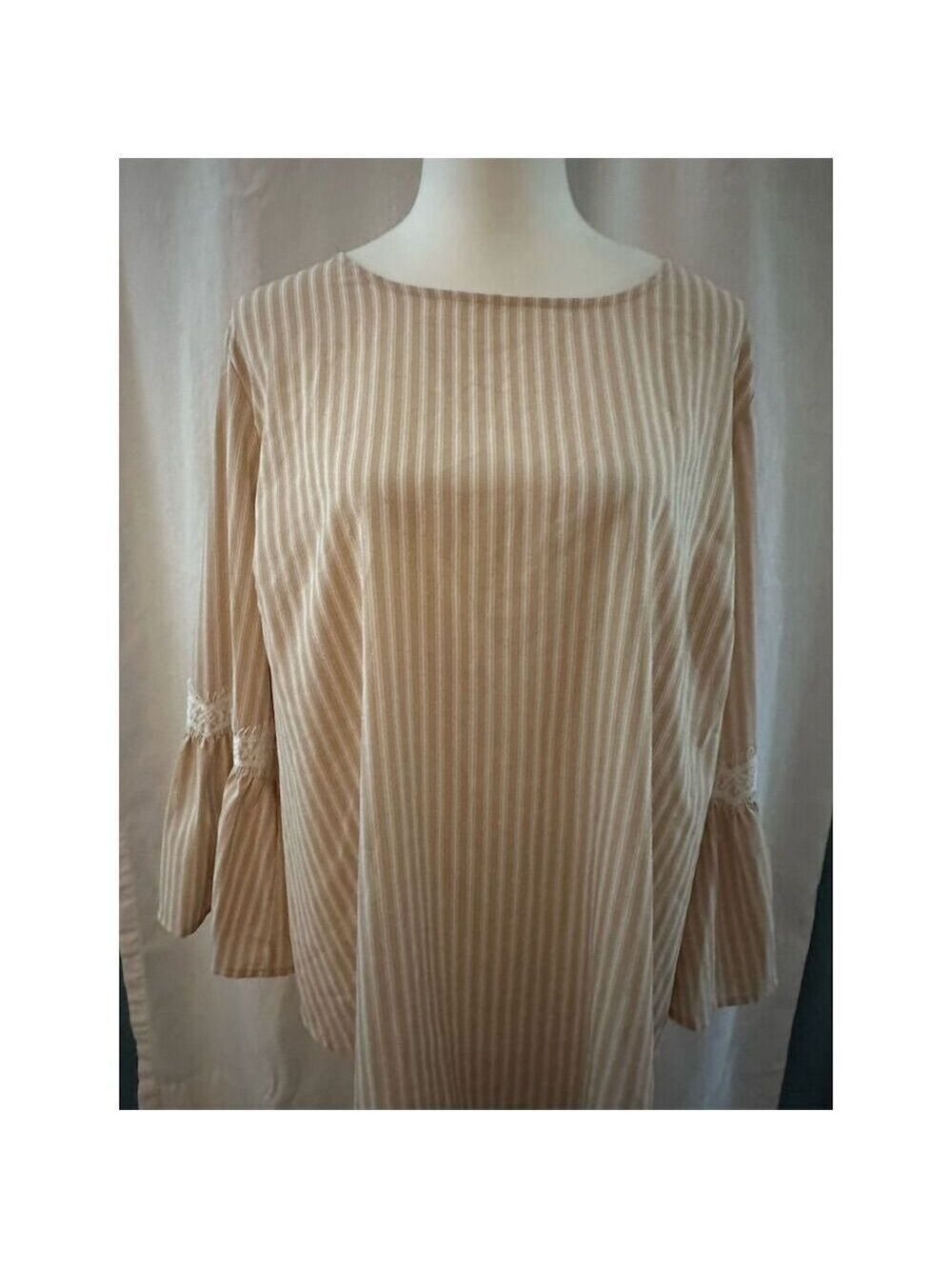 Du Jour Women's XL Tan Striped Bell Sleeve Blouse with Lace Detail